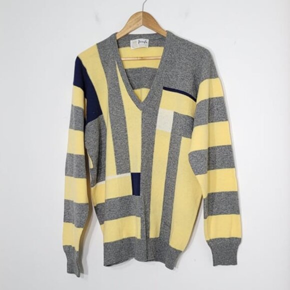 Vintage Pringle Scotland Yellow Gray Striped Pure LambWool VNeck Retro Grandpa - Picture 1 of 8